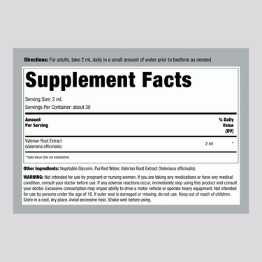 Image of the Supplement Facts panel for Valerian Root Extract 2 fl oz bottle.
