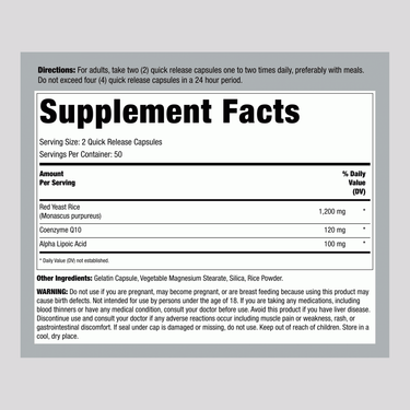 Supplement Facts panel for LN CoQ10 with Red Yeast Rice, 100 capsules depicted in image.