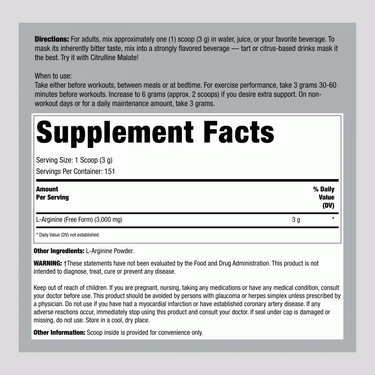 L-Arginine Powder, 3000 mg (per serving), 1 lb (454 g) Bottle