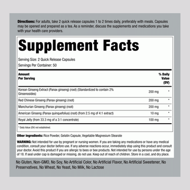 Supplement Facts panel showing details of Ginseng Complex 800mg Capsules, 100 count.