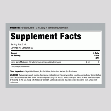 Supplement Facts panel showing details for Lion's Mane Mushroom Liquid, 4 fl oz (118 mL).