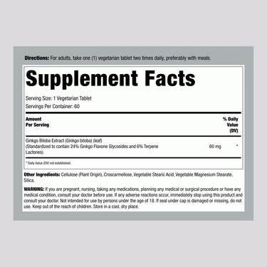 Supplement Facts panel displaying Ginkgo Biloba Extract dosage, 60 mg per tablet, with a total of 60 tablets.