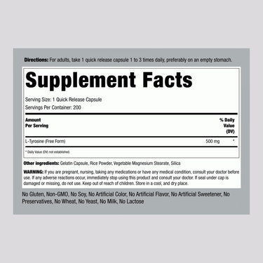 L-Tyrosine, 500 mg, 200 Quick Release Capsules