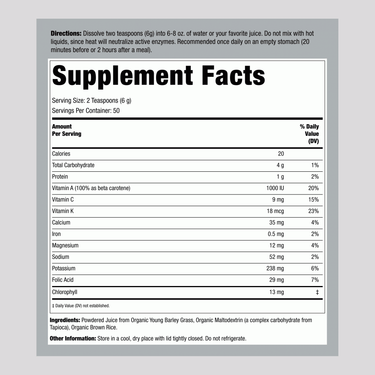 Supplement Facts panel displaying details for Green Foods Green Magma 10.6 oz product.