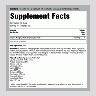 Supplement Facts for Moringa Leaf Powder, 8 oz, with a 2-year shelf life.