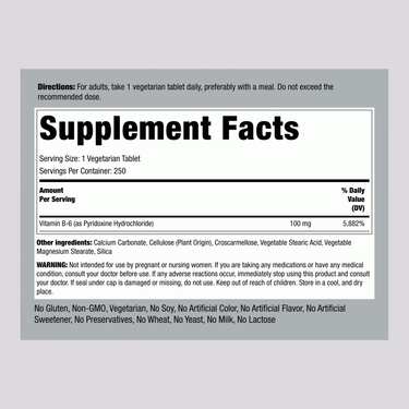 B-6 (Pyridoxine), 100 mg, 250 Tablets