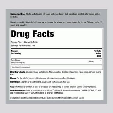 Gas Relief (Simethicone) 80 mg Mint Chewable, Compare to Gas-X , 100 Chewable Tablets