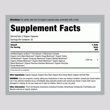 Organic Mushroom Capsules | Grown in a Certified US Facility | 10-in-1 Complex 1,200 mg | Lion’s Mane, Chaga, Turkey Tail, Maitake, Shiitake, Reishi  & More | Laboratory Tested | Superior Absorption