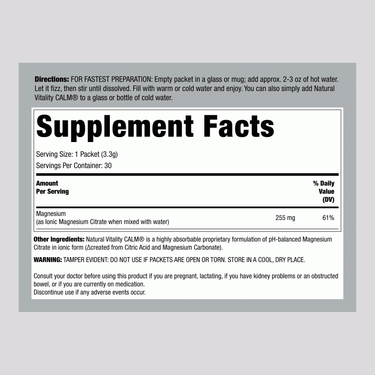 Supplement Facts panel for NV Calm Original Unflavored, includes details for 30 stick packs.