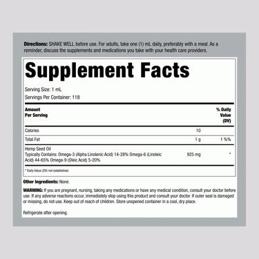 Hemp Seed Oil (Cold Pressed), 925 mg, 4 fl oz (118 mL) Dropper Bottle