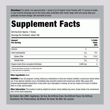 Inulin Prebiotic FOS Powder (Organic), 15 oz (425 g) Bottle