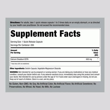 EDTA Calcium Disodium, 600 mg, 200 Quick Release Capsules