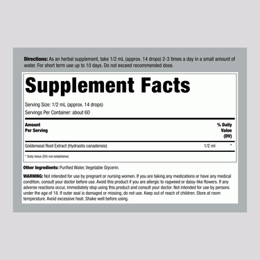 Goldenseal Liquid Extract Alcohol Free, 1 fl oz (30 mL) Dropper Bottle