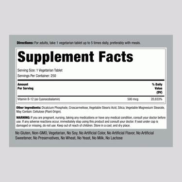 B-12, 500 mcg, 250 Tablets