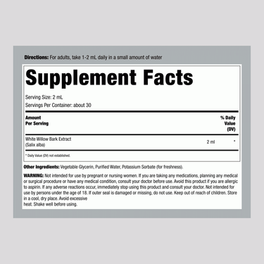 White Willow Bark Liquid Extract Alcohol Free, 2 fl oz (59 mL) Dropper Bottle