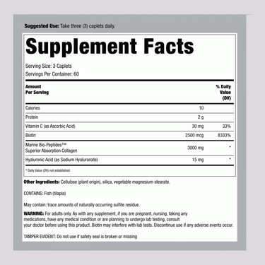 Supplement Facts panel for NCL Marine Collagen 3000mg 180 Tabs in teal.