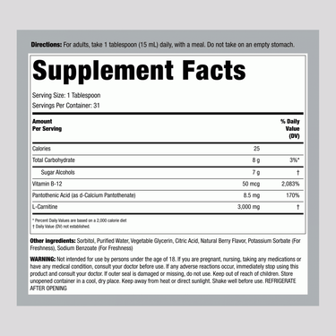 Displays Supplement Facts panel for Horbaach Liquid Carnitine Berry 3000 mg, 16 oz bottle.