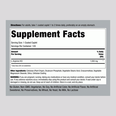 Mega Strength L-Arginine HCL, 1000 mg, 120 Coated Caplets