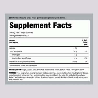 Supplement Facts panel displaying information for Magnesium Glycinate 60 Gummies.