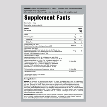 Supplement Facts for Organic Daily Probiotic 20 Bil + Pre Powder 4.76oz package.