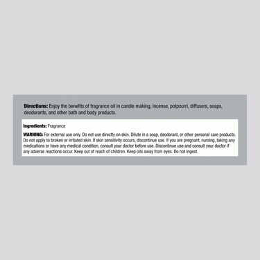 Image of Supplement Facts panel for Plumeria Fragrance Oil, 1 fl oz bottle, detailing ingredients and essential information.