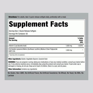 Liposomal Vitamin C Complex, 1650 mg (per serving), 250 Quick Release Softgels