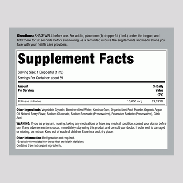 Liquid Biotin (Berry), 10000 mcg (per serving), 2 fl oz (59 mL) Dropper Bottle