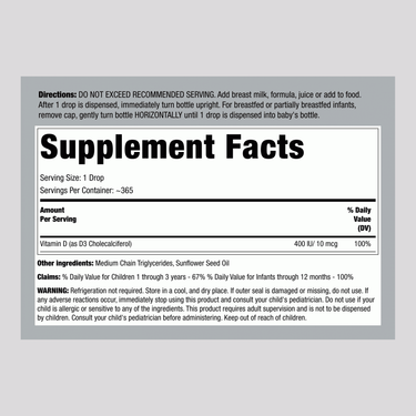 Supplement Facts panel for NT D3 400 IU Baby Drops, 9.2mL.