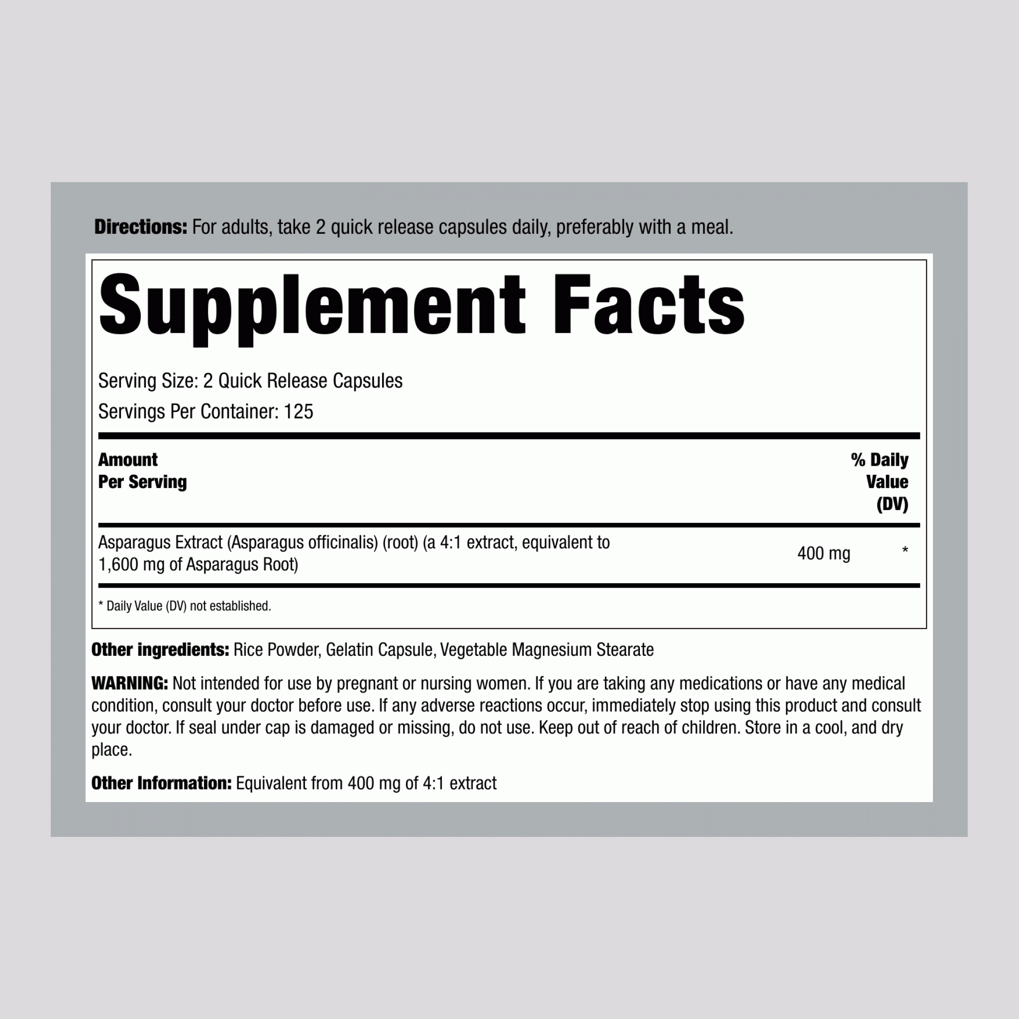Supplement Facts panel for 1600 mg Asparagus, 250 capsules.