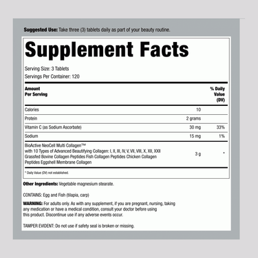 This is a Supplement Facts panel for NCL Multi Collagen providing details on ingredients and nutritional information.