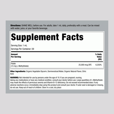 The Supplement Facts panel for Carlyle L-Methylfolate 15 mg Liquid is shown in the image.