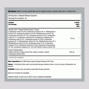 Supplement Facts label for Vaginal Ultimate Flora Probiotic, 60 capsules.