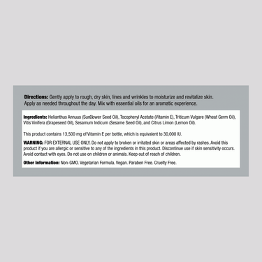 Supplement Facts for Vitamin E Oil 30,000 iu, 4 oz, detailing ingredients and daily values.