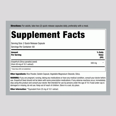 Grapefruit Seed, 500 mg (per serving), 120 Quick Release Capsules