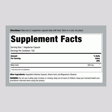 Supplement Facts for Malic Acid 800 mg, 100 Capsules, listing ingredients and nutritional details.