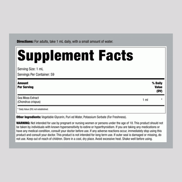 Image of Sea Moss Liquid 2 fl oz Supplement Facts panel, detailing nutritional information and ingredients in a concise layout.
