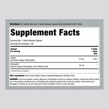 Supplement Facts panel showing Chlorophyll 60 mg and 120 Capsules.