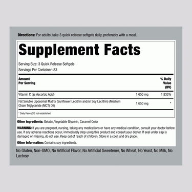 Supplement Facts panel for Liposomal Vitamin C 1650mg containing 250 softgels.