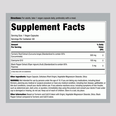 Supplement Facts panel for Turmeric, CoQ10, and Black Pepper 60 Capsules.