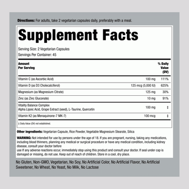 The supplement facts panel for D3 + K2 Advanced 90 Capsules.