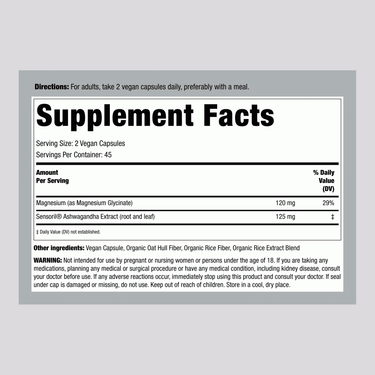 Supplement Facts panel for Ashwagandha + Mag Glycina 90 Veg Capsules displayed.