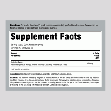 Butterbur Extract, 150 mg (per serving), 180 Quick Release Capsules