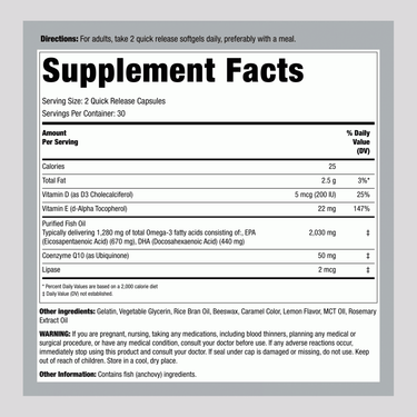 Supplement Facts for PIP Ultra Omega + CoQ10 60 softgels.