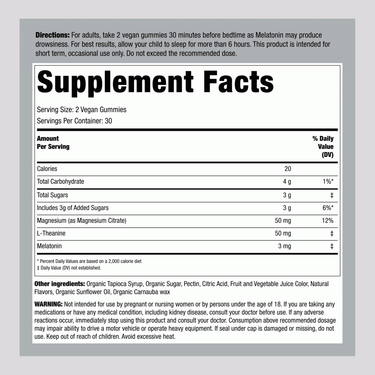 Supplement Facts panel for Sleep 3mg Melatonin Gummies, 60 count.