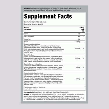 Supplement Facts for CL Organic Greens Kiwi Powder 5.18 oz, detailing ingredients and nutritional information.