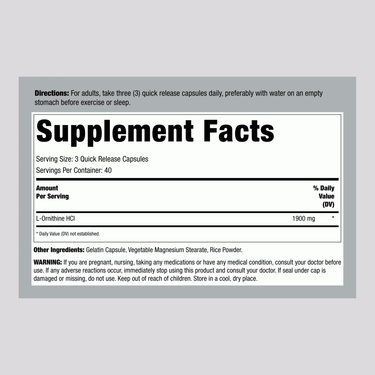 Supplement Facts panel for CL L-Ornithine 1900 mg, 120 Capsules.