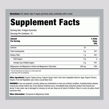 This image shows the Supplement Facts panel for Magnesium Rasp Lemon, detailing contents of 60 gummies.
