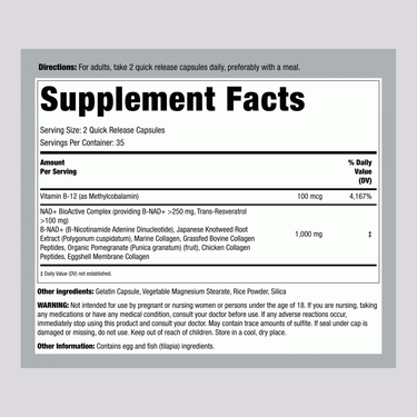 Supplement Facts panel for NCL NAD Collagen Resveratrol 60 Capsules.