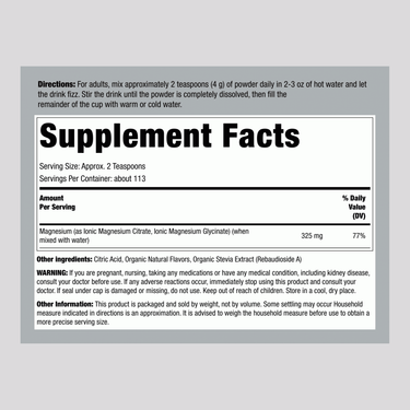 Supplement Facts for Magnesium Raspberry Lemonade Drink Mix Powder 16 oz bottle.