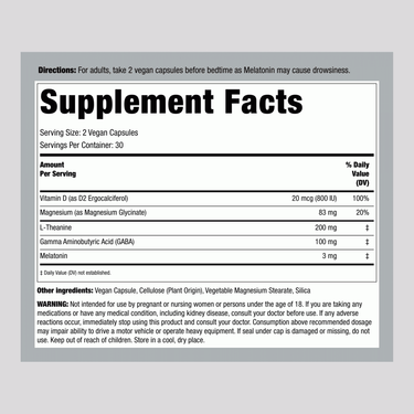 Supplement Facts panel for Melatonin Magnesium Glycinate 5 in 1, 60 capsules.
